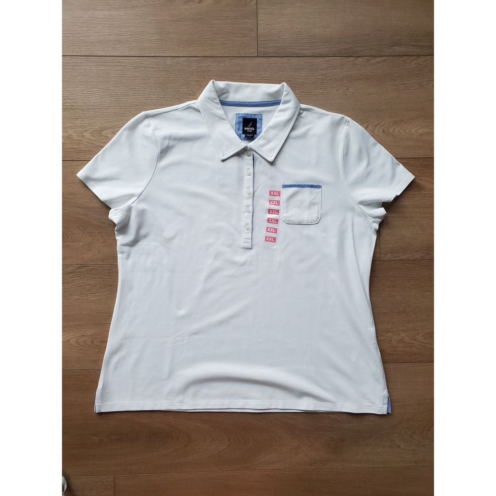 Nautica Jeans Womens XXL White Polo Shirt Short Sleeve Striped Trim